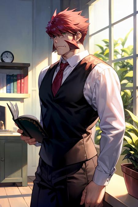 01232-1786578607-masterpiece, best quality,  _lora_klaus_1_,1boy, male focus, necktie, solo, book, holding book, red hair, red necktie, holding,.png